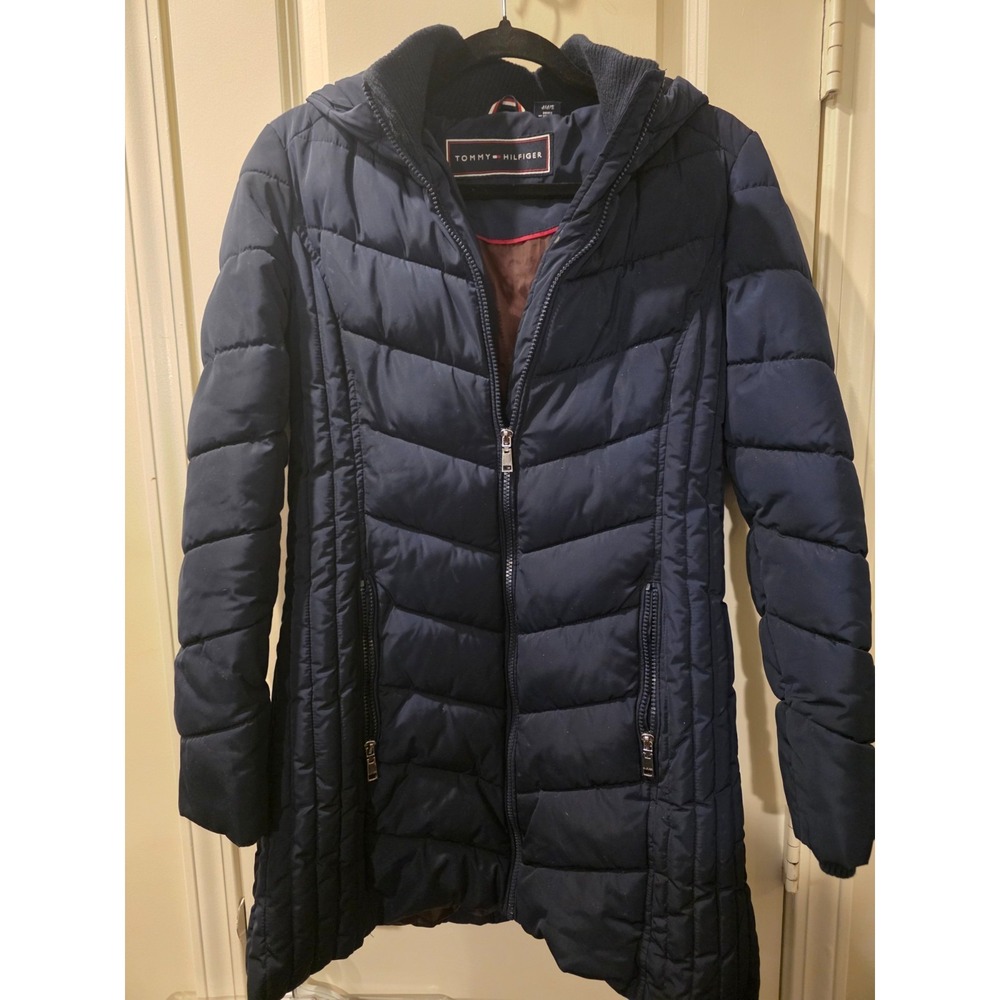 Tommy Hilfiger Coat Womens Navy Down Puffer‎ Hooded Zip Jacket Mid Length SZ S